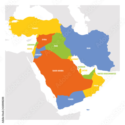 West Asia Region. Map of countries in western Asia or Middle East. Vector illustration