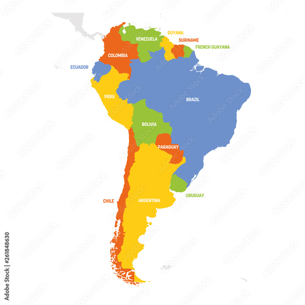 South America Region. Map of countries in southern America. Vector illustration