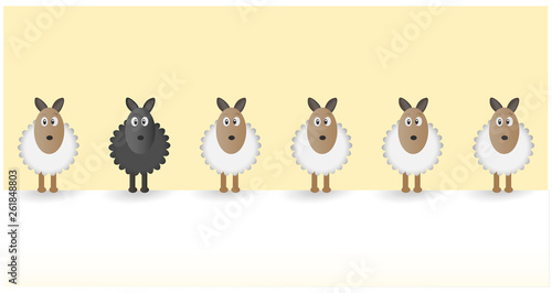 Team of six sheeps in a row with a black sheep in between on eggshell colored background