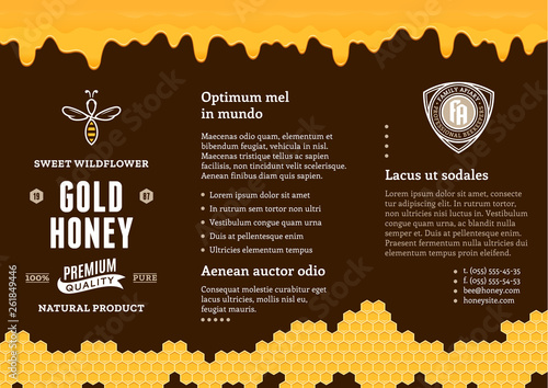 Honey ads design with honeycombs, dripping honey and bees