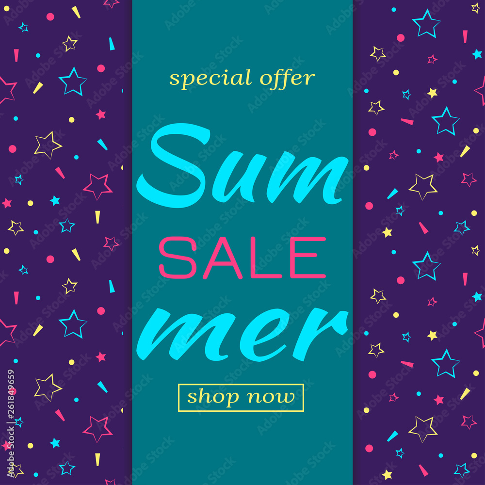 Lettering template for Summer Sales. Memphis pattern in neon colors on blue background. Vector illustration. Lettering template for Summer Sales. Memphis pattern in neon colors on blue background. Vector illustration.