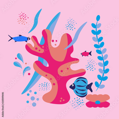 Underwater world  important fish  corals  shells  algae  pebbles and bubbles. Flat style  hand drawn  scandinavian style  fashionable color palette. For textile  wrapping  background design.