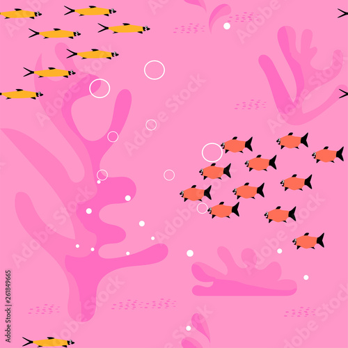 Vector seamless illustration of sea life. Flocks of sea fish  algae  corals. Flat style  hand drawn  Scandinavian style  fashionable color palette. For textile  packaging  background design.