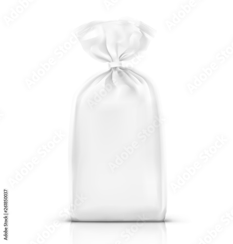 Vertical bag mockup with clip band. Vector illustration isolated on white background ready and simple to use for your design. Mockup will make the presentation look as realistic as possible. EPS10.