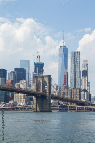 New York City: view of lower Manhattan skyline with One World Trade Center and Brooklyn Bridge © softdelusion