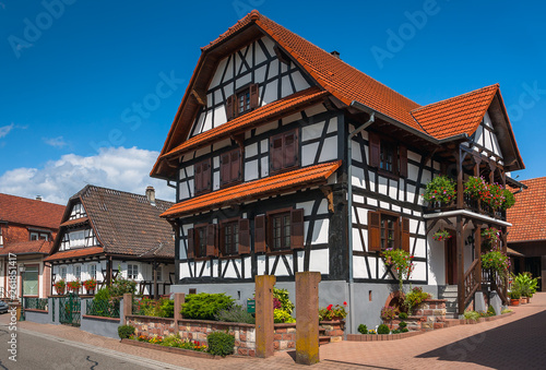 Traditional half-timbered houses in the streets of the small town of Seebach in Alsace