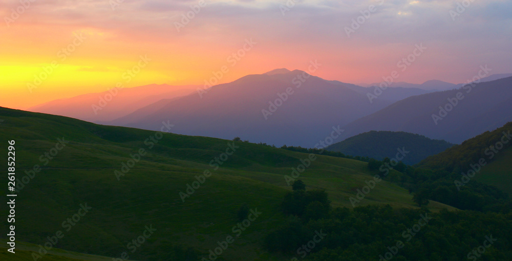 panoramic summer landscape, gorgeous morning view on mountains at dawn sunlight, amazing colorful  nature image, Europe travel, Carpathians, discover yoursel wonderful place