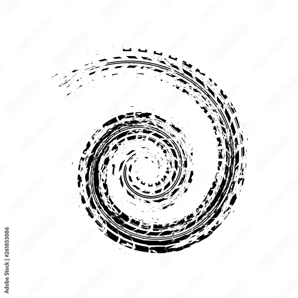 Spiral form grunge tire track silhouette isolated on white background Spiral form grunge tire track silhouette isolated on white background