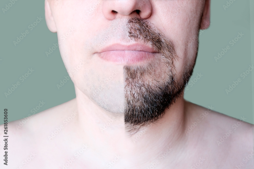 Men's short beard and lips close-up. Half-trimmed beard on the man's face . Light green background. Men's short beard and lips close-up. Half-trimmed beard on the man's face . Light green background.