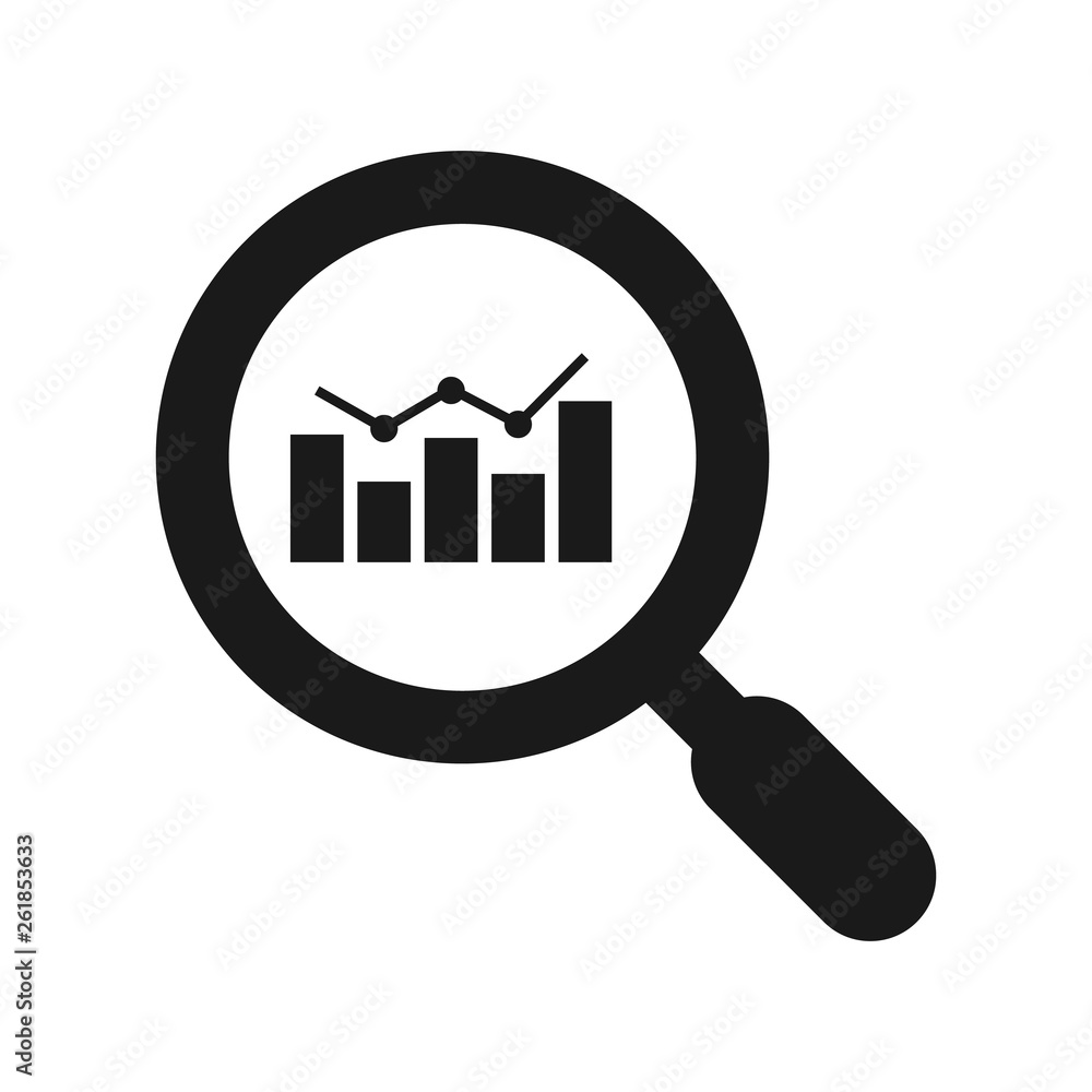 Analytics vector icon - magnifying glass with bar chart. Financial analysis and business analysis concept. Market research. Data analytics. Statistics. Analytics vector icon - magnifying glass with bar chart. Financial analysis and business analysis concept. Market research. Data analytics. Statistics.