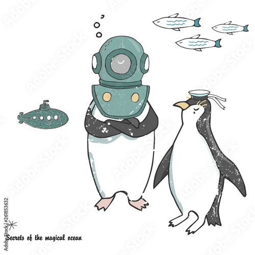 Penguins ice floe vector celebration greeting birthday card winter mood friendly school xmas day letter holidays landscape snow flake, cute animal face smile on white background