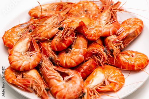 A plate of boiled king prawns close-up