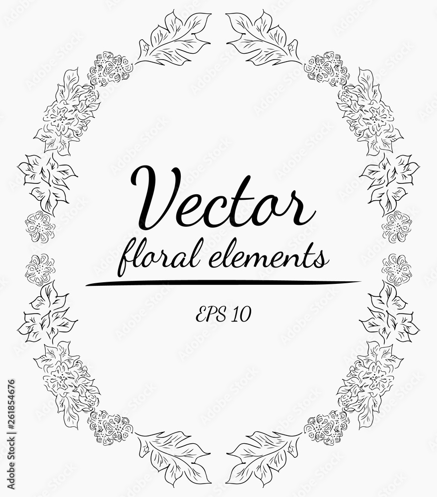 Wreath of roses flowers branch on a gray background. Hand drawn vector illustration. Vector floral elements. Wreath of roses flowers branch on a gray background. Hand drawn vector illustration. Vector floral elements.