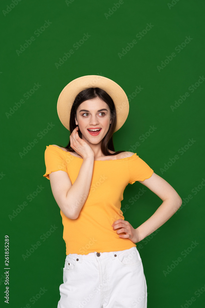Happy coquettish cute girl isolated on green Happy coquettish cute girl isolated on green
