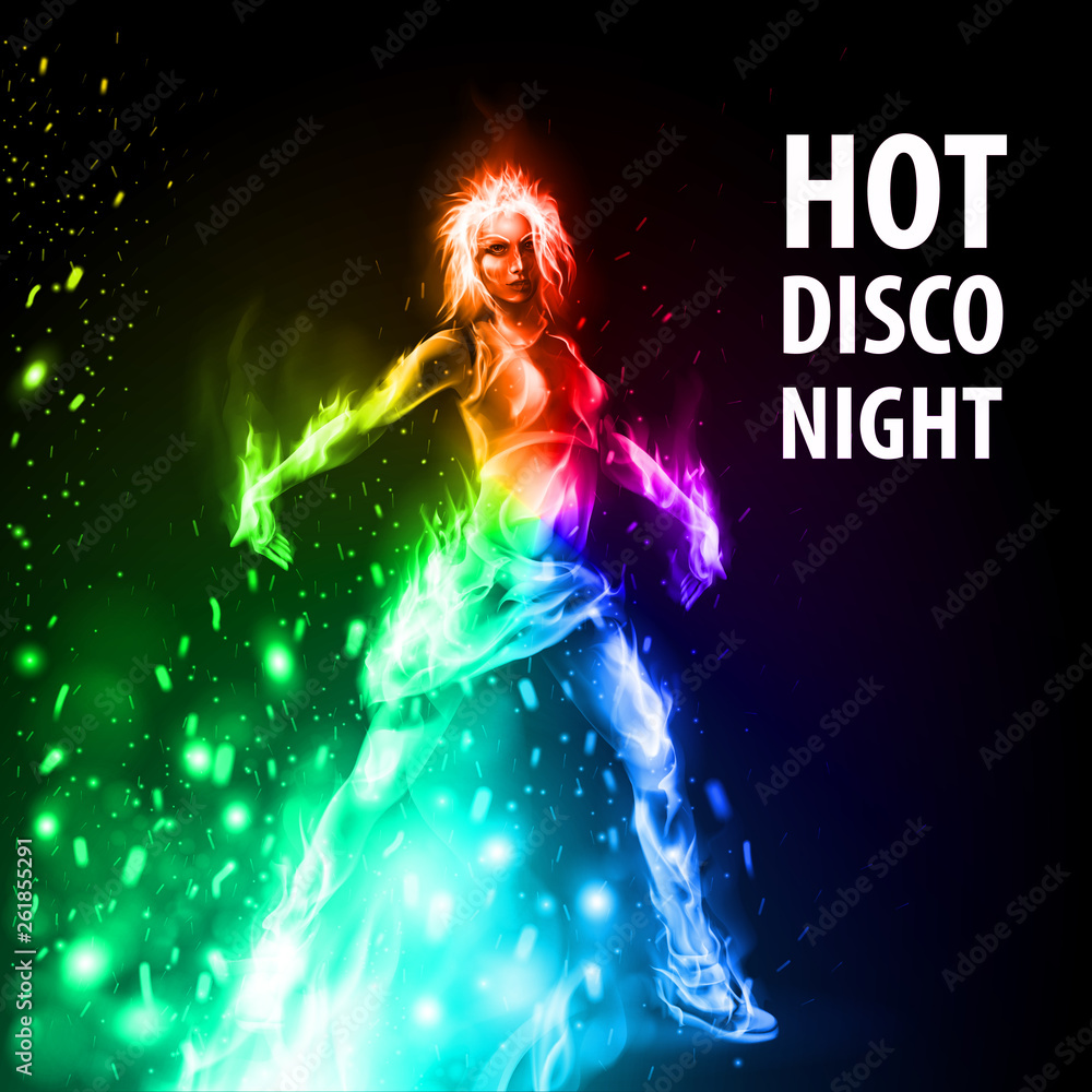 Dancing Hot Girl in Fire Rainbow Color on Black Background. Hot disco Night