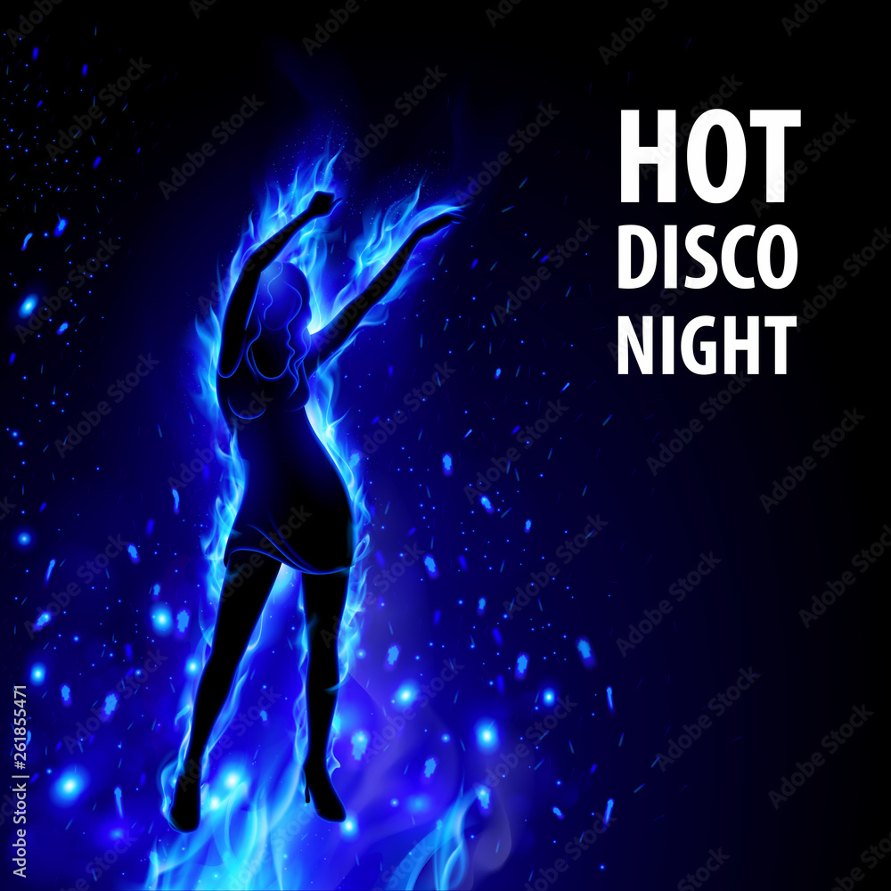 Dancing Hot Girl in Blue Fire on Black Background. Hot Party Night Banner Template