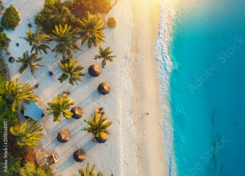 Fototapeta Naklejka Na Ścianę i Meble -  Aerial view of umbrellas, palms on the sandy beach of Indian Ocean at sunset. Summer holiday in Zanzibar, Africa. Tropical landscape with palm trees, parasols, white sand, blue water, waves. Top view