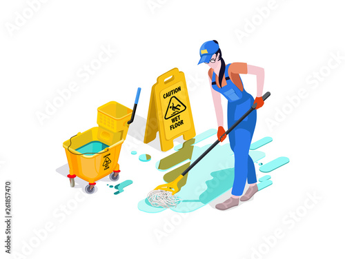 Woman dressed in uniform washes the floor in the office and cleans. Professional cleaning service with equipment and staff. 3d isometric composition Vector isolate