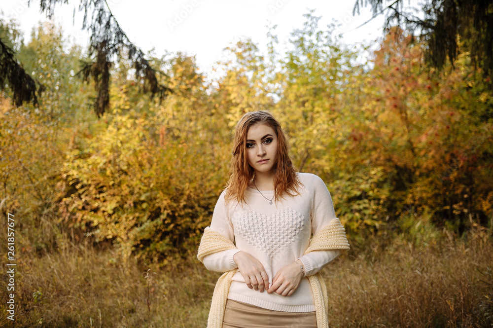 red-haired girl in bright clothes on a background of autumn forest on a sunny day red-haired girl in bright clothes on a background of autumn forest on a sunny day