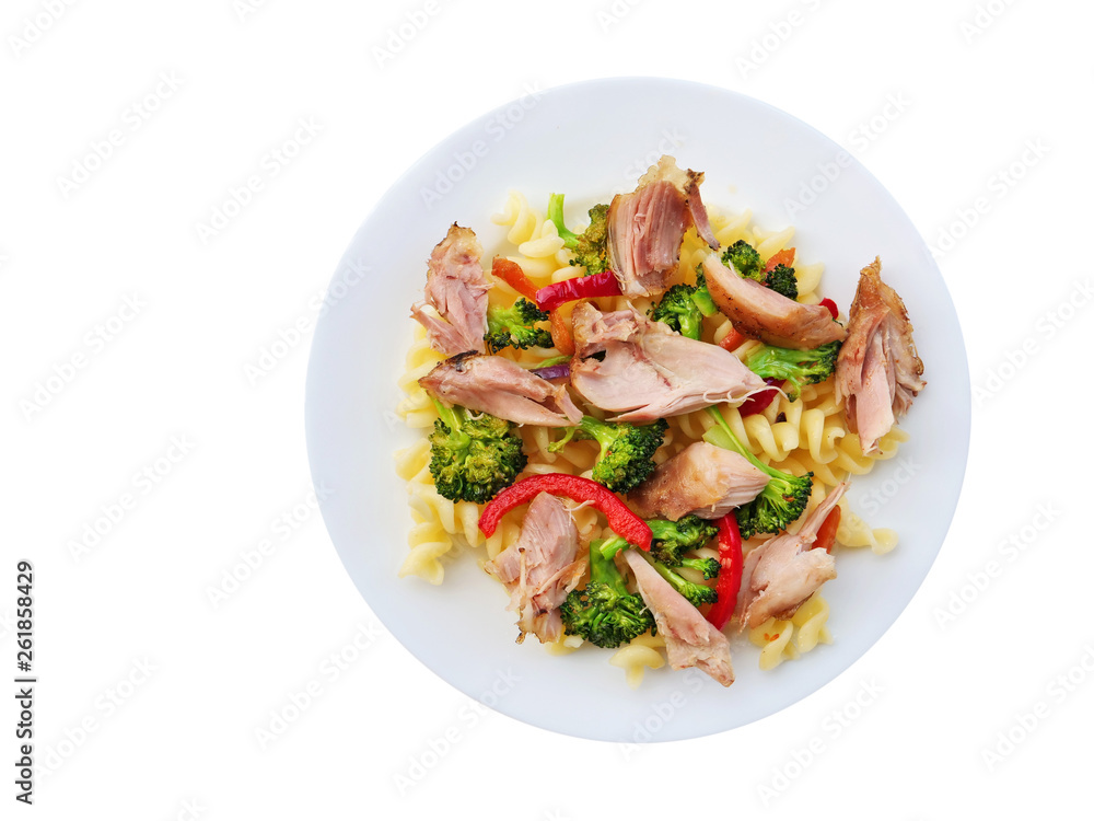 Fusilli pasta with pulled chicken meat, broccoli and vegetables on white plate isolated on white background