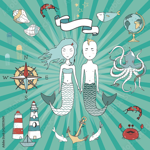 Sailor man woman clip art navigator submariner captain people sea ocean celebration weeding greeting birthday male female card boy girl sailor's day shell landscape love on white background