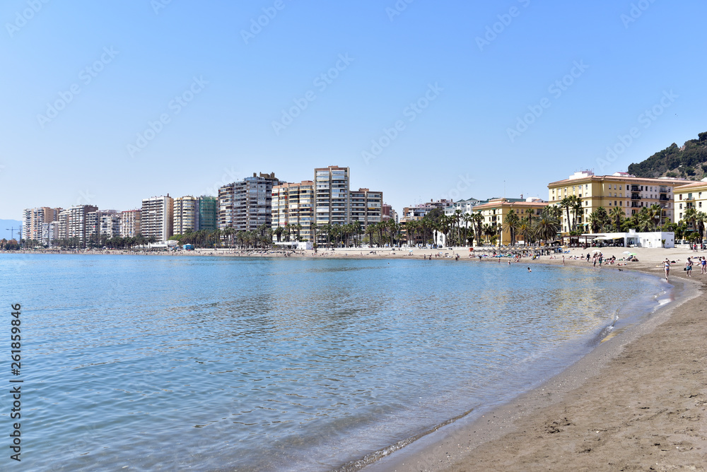 Dwelling houses at Malagueta beach side in morning, Malaga, Spain