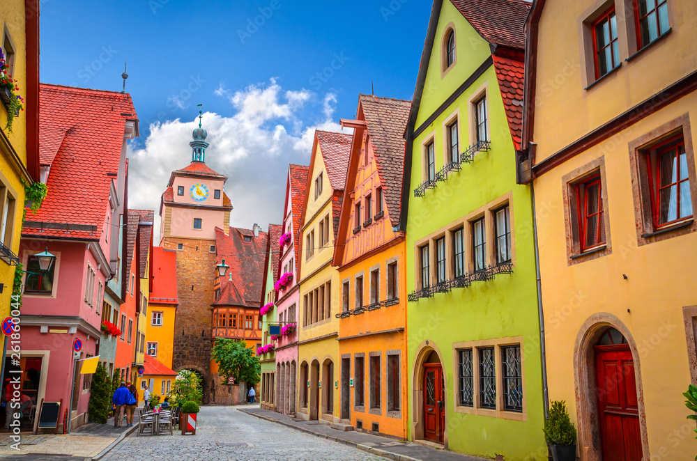 Obraz premium Beautiful streets in Rothenburg ob der Tauber with traditional German houses, Bavaria, Germany