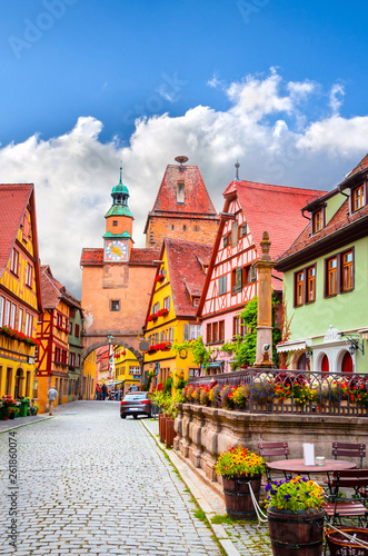 Beautiful streets in Rothenburg ob der Tauber with traditional German houses, Bavaria, Germany