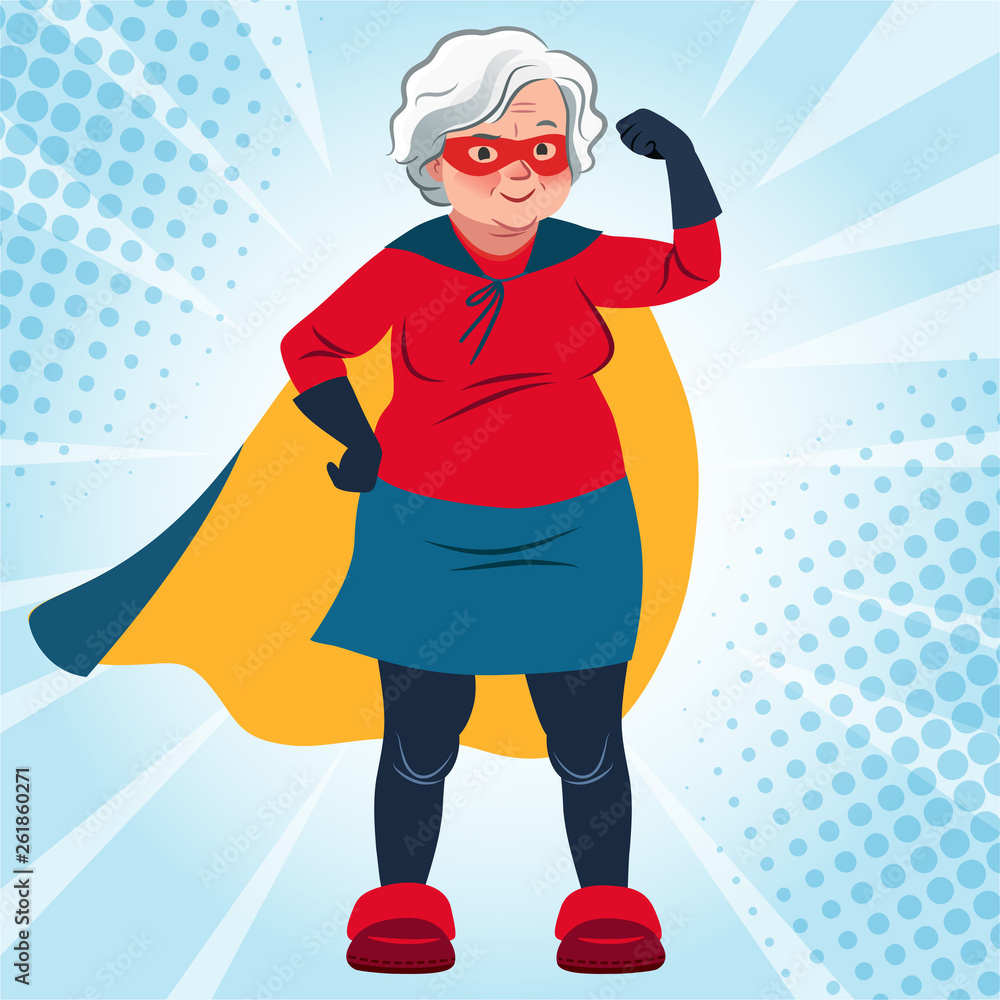Grandma in superhero costume standing with arm flexed vector cartoon  illustration. Smiling friendly confident Caucasian senior woman wearing  cape and mask. Lifestyle, active old age, health theme. Stock Vector |  Adobe Stock
