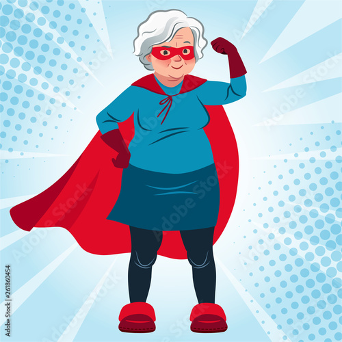 Grandma in superhero costume standing with arm flexed vector cartoon illustration. Smiling friendly confident Caucasian senior woman wearing red cape and mask. Lifestyle, active old age, health theme.