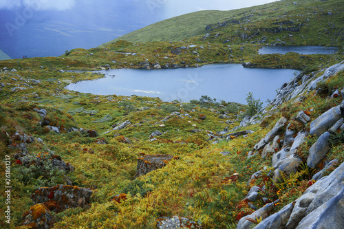 Fototapeta Naklejka Na Ścianę i Meble -  spellbinding landscape of Norwegian nature with high charming mountains and hills, wonderful rivers in which it is impossible not to fall in love