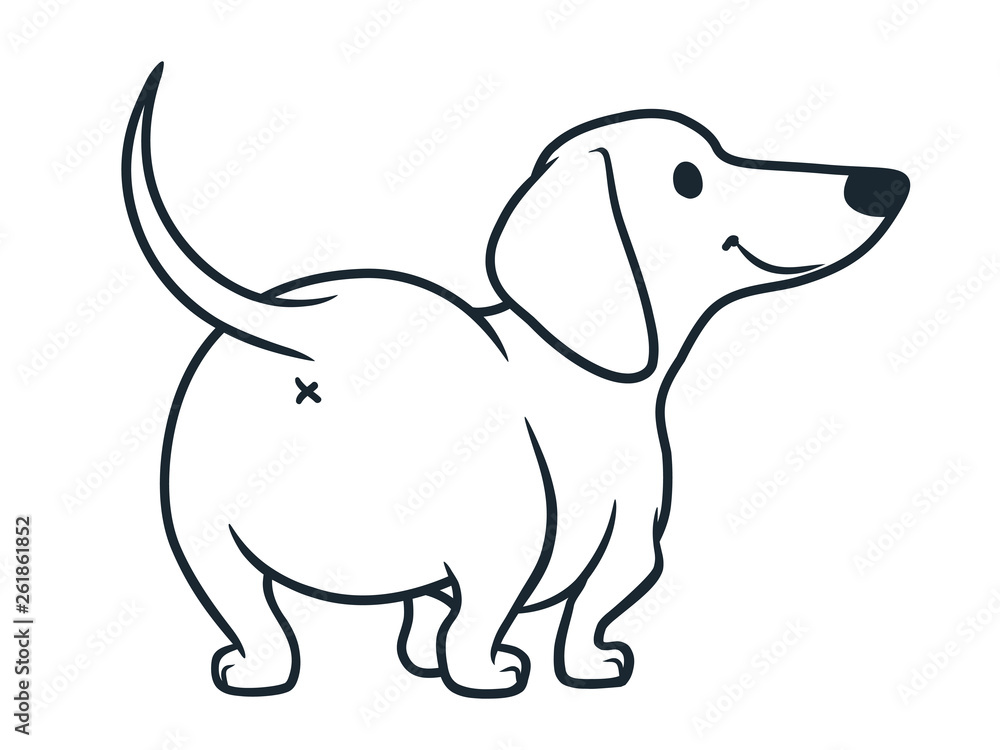 Cute wiener sausage dog vector cartoon illustration isolated on white. Simple black and white line drawing of friendly dachshund puppy, rear view. Funny doxie butt, dog lovers, pets, animals theme.