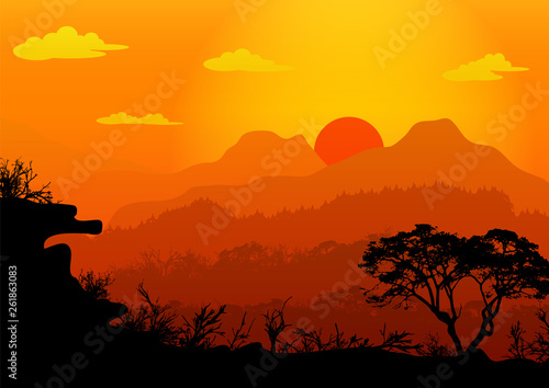 Exotic  landscape. Savannah of south America. Desert and mountains. Tourism and travelling. Vector flat design