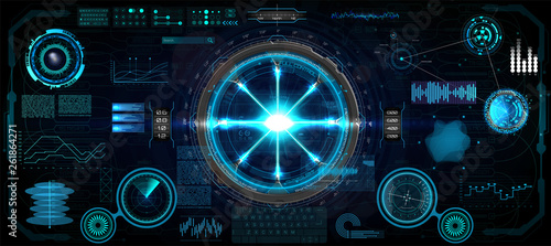 Head-Up Interface set for GUI, UI, UX design. HUD style, Technology elements set (space, dashboard, hologram, spaceship, medicine, finance, analytics) Mechanical scheme HUD electric field. Vector set