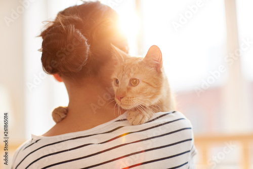 Back view portrait of unrecognizable young woman holding gorgeous ginger cat on shoulder, copy space