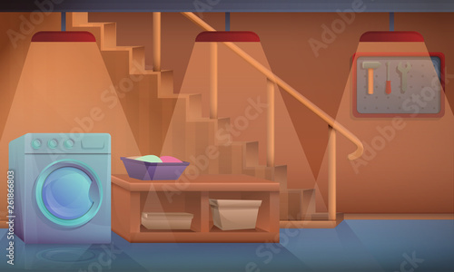 cartoon basement home with washing machine, vector illustration