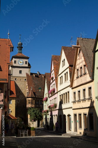 Rothenburg ob der Tauber, Germany - Aug 23, 2016: Beautiful view of the famous historic town of Rothenburg ob der Tauber on romantic road, on a sunny day in summer, Franconia, Bavaria, Germany