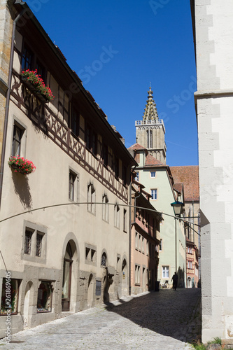 Rothenburg ob der Tauber, Germany - Aug 23, 2016: Beautiful view of the famous historic town of Rothenburg ob der Tauber on romantic road, on a sunny day in summer, Franconia, Bavaria, Germany