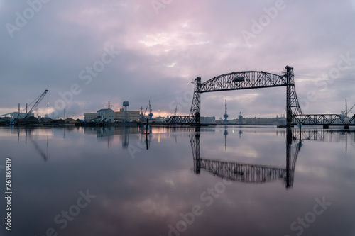 Vertical lift bridge for railroad over the Elizabeth River on the border of Norfolk and Chesapeake Virginia