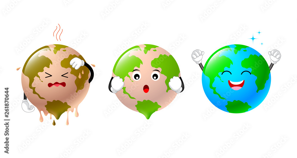 Poorly globe character change to bright world. Global warming concept. Ecological clean planet against pollution environmental. Illustration isolated on white background. Poorly globe character change to bright world. Global warming concept. Ecological clean planet against pollution environmental. Illustration isolated on white background.