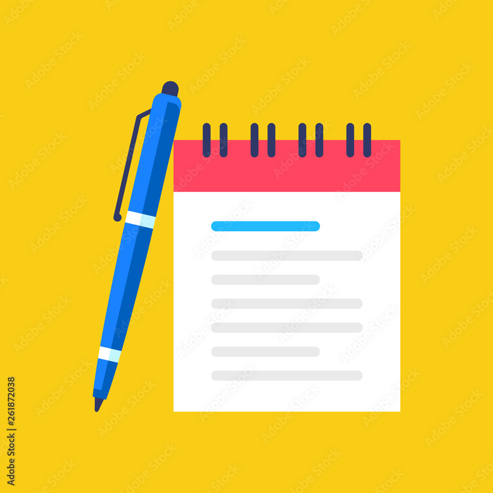 Notebook and pen icon. Notes concept. Flat style design. Vector icon Notebook and pen icon. Notes concept. Flat style design. Vector icon