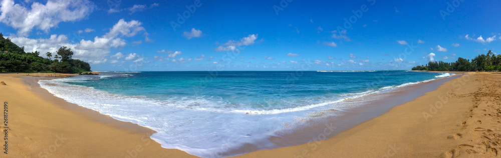 Panoramic view of Haena Beach Park with Tunnels Beach (Makua Beach), Kauai, Hawaii, USA