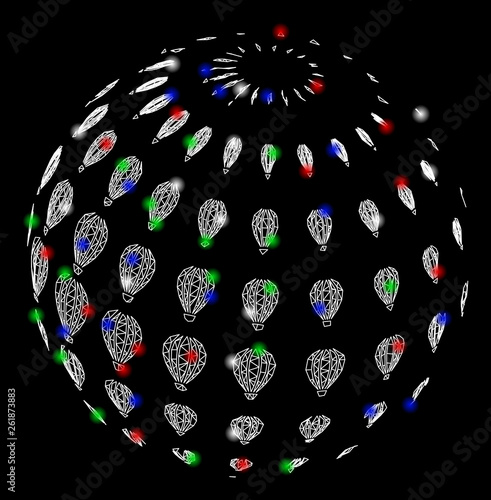 Bright mesh abstract aerostat sphere with glow effect. White wire carcass triangular mesh in vector format on a black background. Abstract 2d mesh designed with triangular lines, dots,