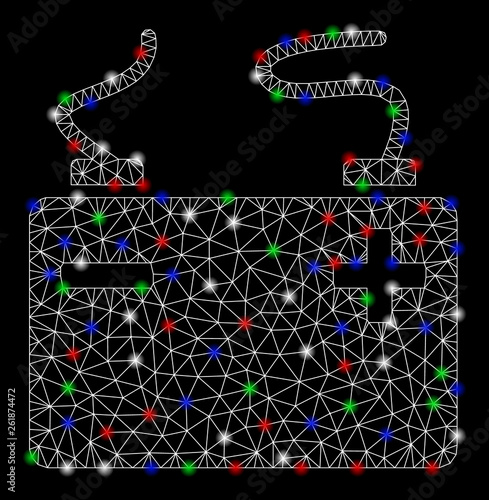 Bright mesh accumulator with lightspot effect. White wire carcass triangular mesh in vector format on a black background. Abstract 2d mesh designed with triangles, dots, colorful light spots.