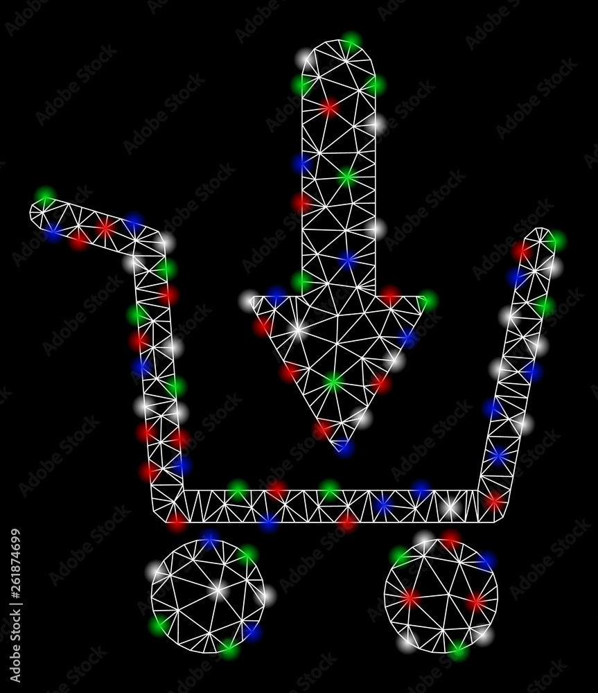 Bright mesh add to basket with glare effect. White wire frame polygonal network in vector format on a black background. Abstract 2d mesh designed with polygonal grid, spheric points, Bright mesh add to basket with glare effect. White wire frame polygonal network in vector format on a black background. Abstract 2d mesh designed with polygonal grid, spheric points,