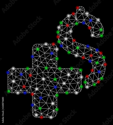 Bright mesh add dollar with lightspot effect. White wire carcass polygonal mesh in vector format on a black background. Abstract 2d mesh designed with polygonal grid, small circle,
