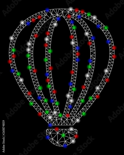 Bright mesh aerostat with glare effect. White wire frame triangular mesh in vector format on a black background. Abstract 2d mesh designed with triangular lines, round dots, colored flash spots.