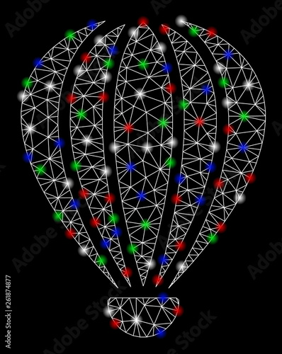 Bright mesh aerostat with glare effect. White wire frame polygonal network in vector format on a black background. Abstract 2d mesh designed with polygonal grid, points, colored glare spots.