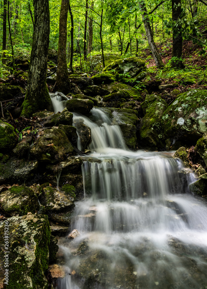 Arkansas Ozark mountain waterfall of cascading water down a rocky hillside. The dense wilderness and canopy of the tree tops help keep the scene serene, clean, lush and green. 