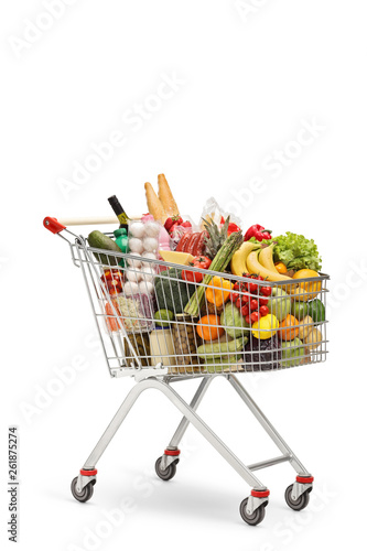 Shopping cart full of food products